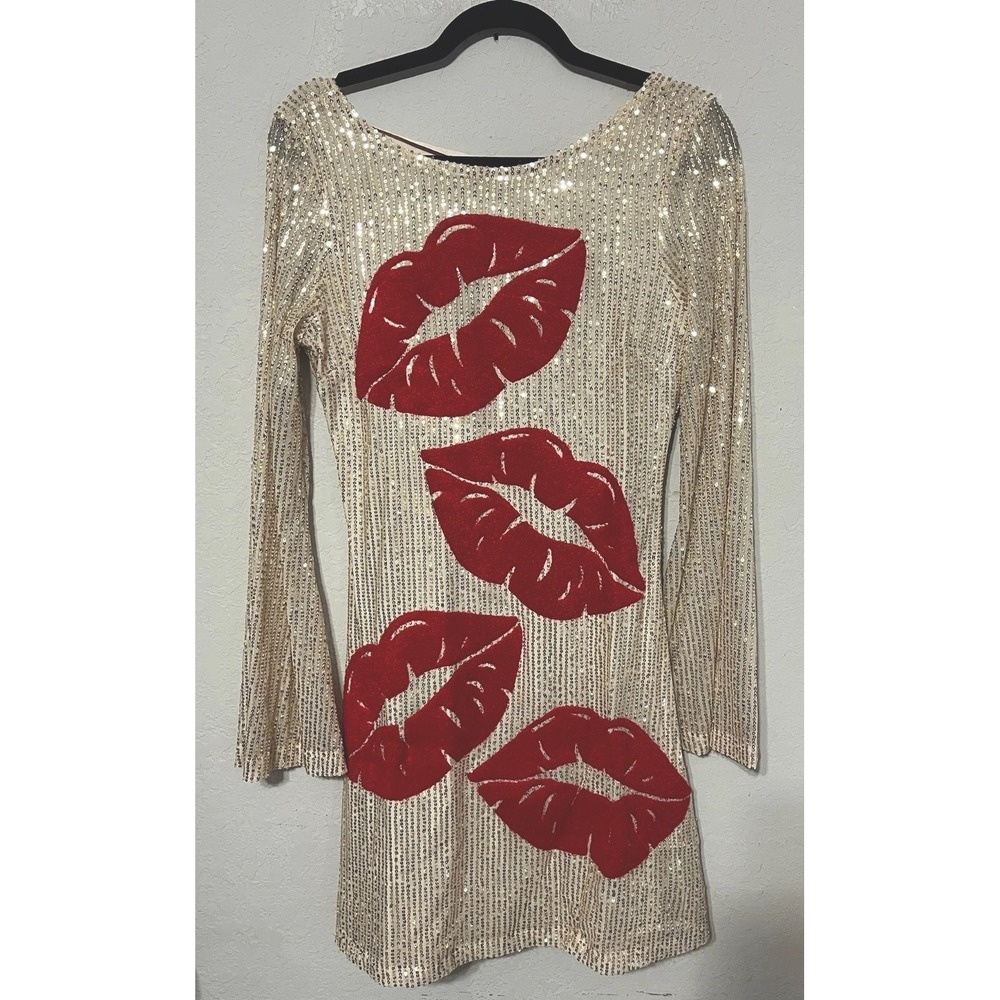Judith March Gold Sequin Mini Dress Red Chenille Lips Long Sleeve Party Small